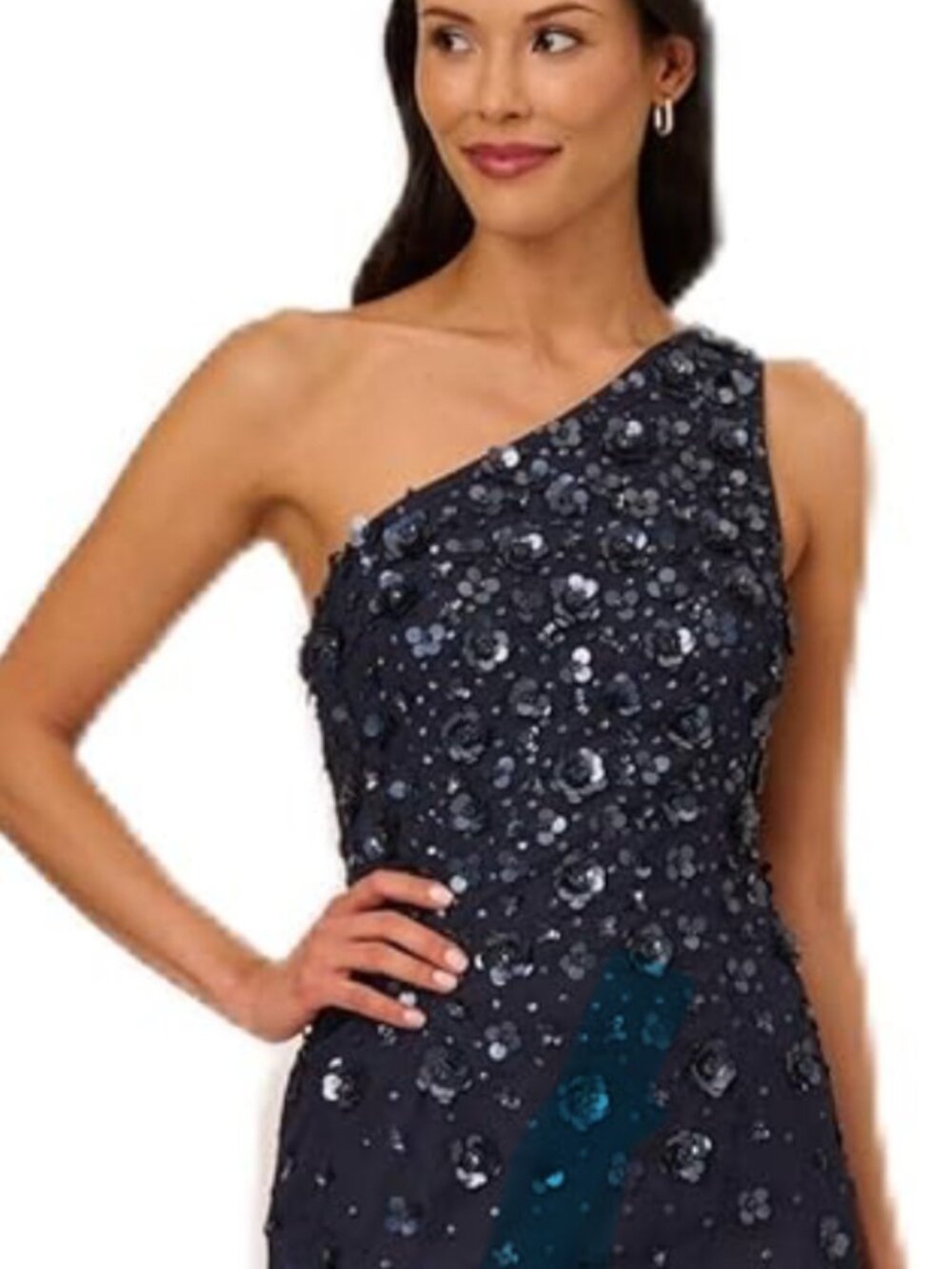 Adrianna Papell Navy One-Shoulder Sequin Floral Evening Dress